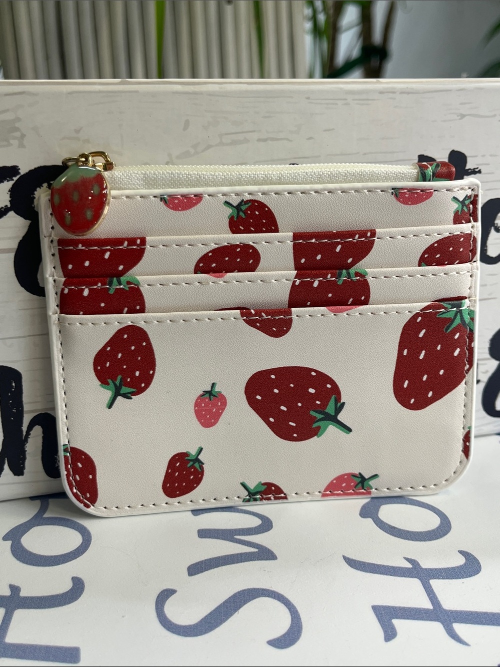 Strawberry Print Card Holder Wallet - White with Red Strawberries
